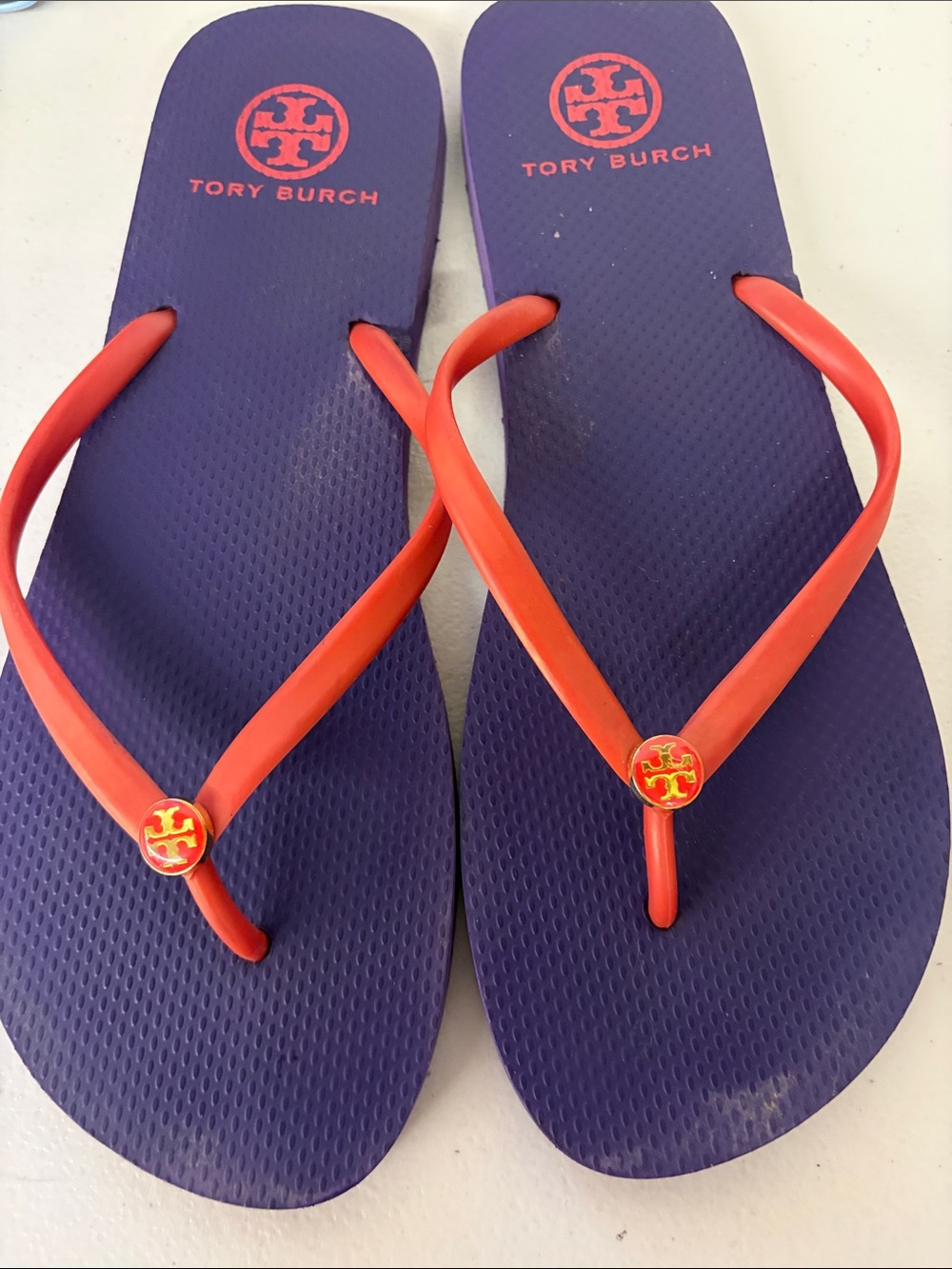 Tory Burch Purple Footbed with Coral Straps Logo Flip Flops